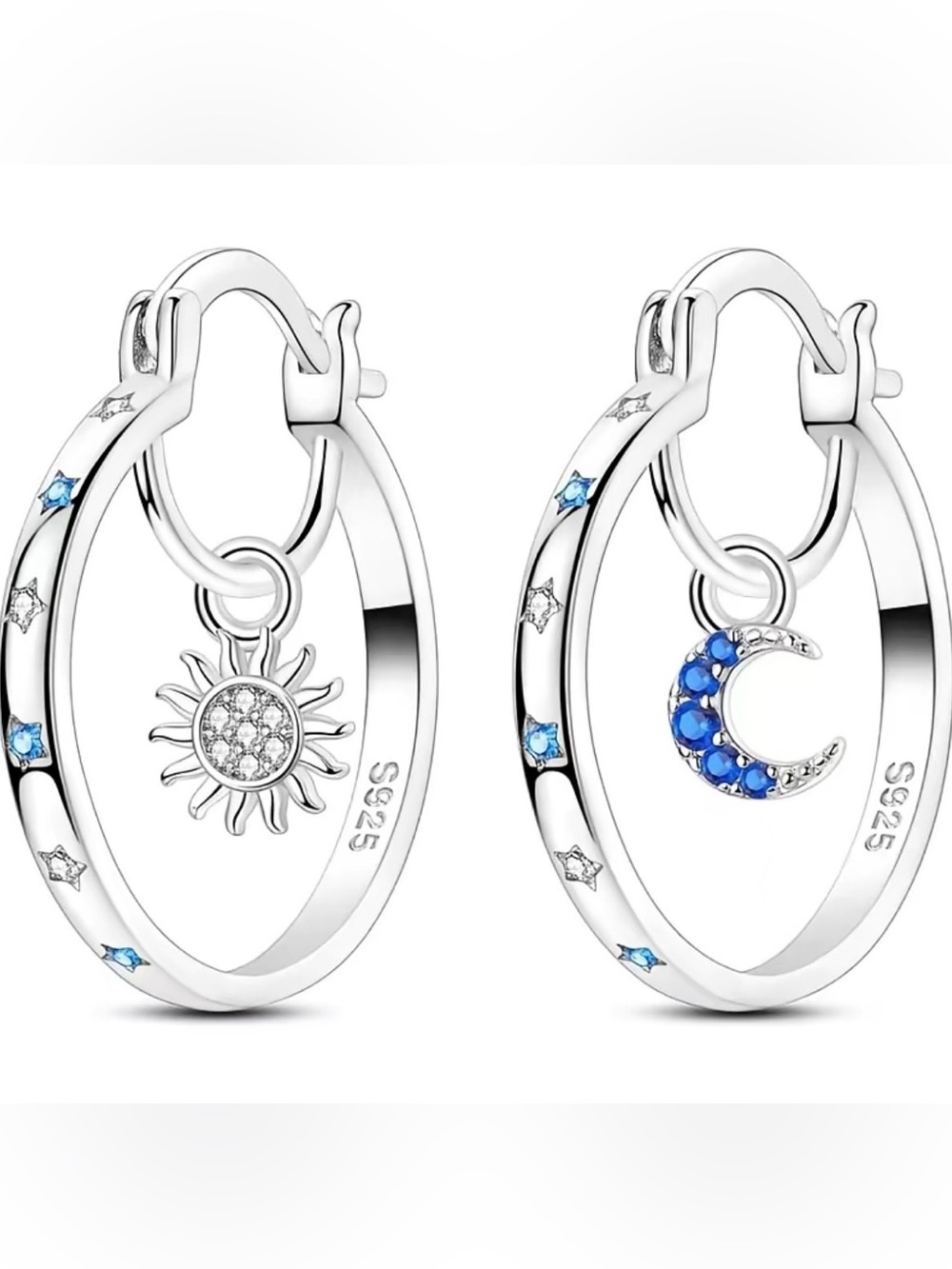 Sterling Silver Sun & Moon Hoop Earrings with Blue Accents